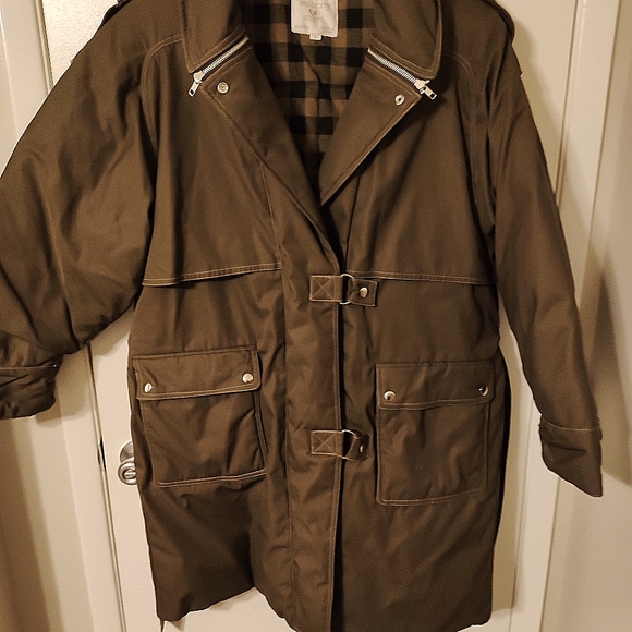 ♥️Mulberry Street Down Parka KhakiGreen long L flannel lined EUC - Picture 1 of 8